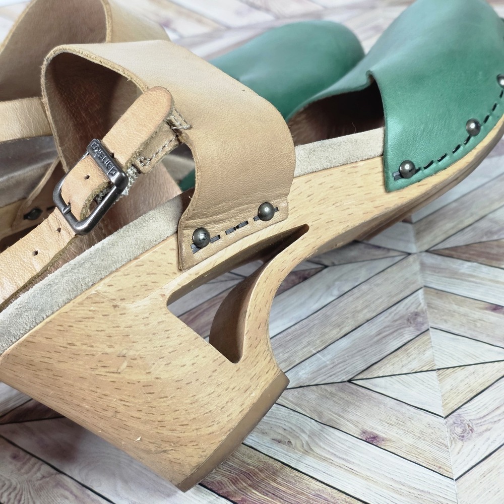 Dansko Thea Wooden Sandals Size 40 US 9 Green Tan Leather Clogs Mary Jane Heels - Picture 6 of 9